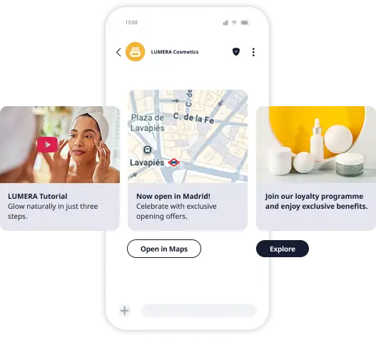 RCS message featuring video, images, carousel and map integration